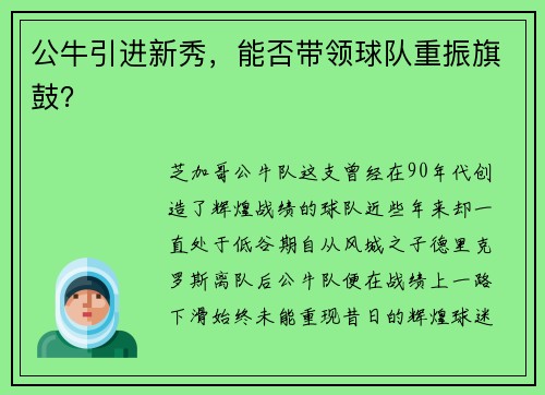 公牛引进新秀，能否带领球队重振旗鼓？