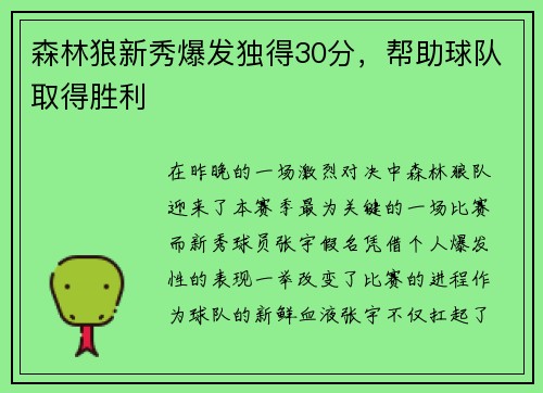 森林狼新秀爆发独得30分，帮助球队取得胜利